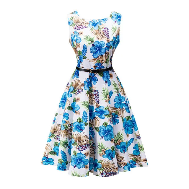 Kostlich 2017 Summer Dress Women Cotton Floral Print 50s 60s Vintage Dress With Belt Sleeveless Elegant Party Dresses Sundress