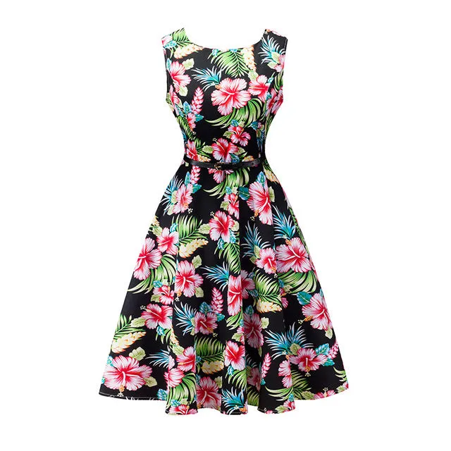 Kostlich 2017 Summer Dress Women Cotton Floral Print 50s 60s Vintage Dress With Belt Sleeveless Elegant Party Dresses Sundress