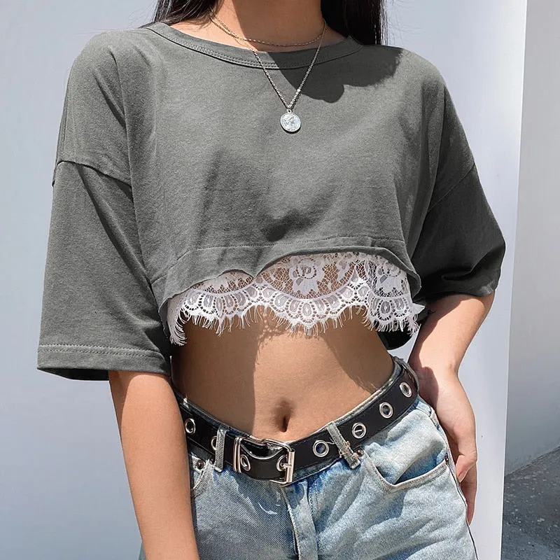 Lace Patchwork Summer Crop Top Casual Leisure Outfit Short Sleeve O-neck Tees