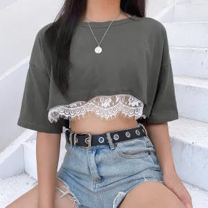 Lace Patchwork Summer Crop Top Casual Leisure Outfit Short Sleeve O-neck Tees