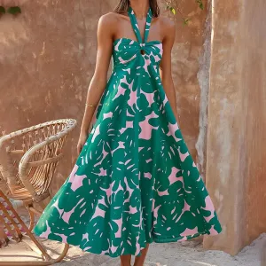 Long Bohemian Summer Holiday Floral A-Line Halter Print Backless Beach New Party Maxi Hollow Sexy Dress