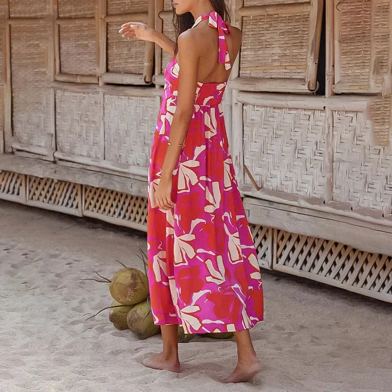 Long Bohemian Summer Holiday Floral A-Line Halter Print Backless Beach New Party Maxi Hollow Sexy Dress