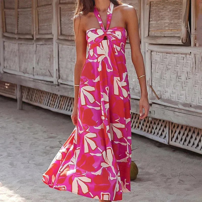 Long Bohemian Summer Holiday Floral A-Line Halter Print Backless Beach New Party Maxi Hollow Sexy Dress