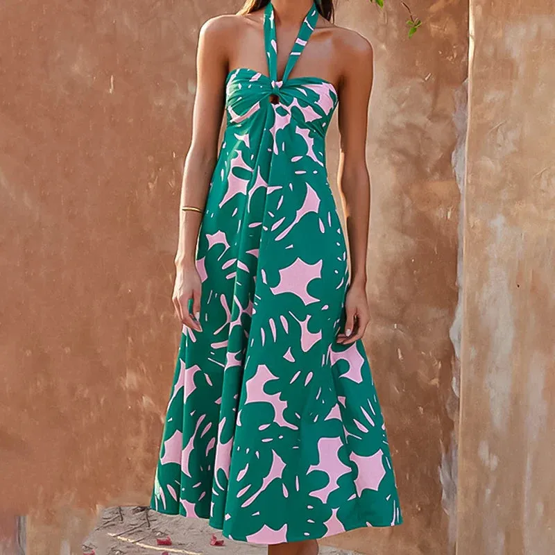 Long Bohemian Summer Holiday Floral A-Line Halter Print Backless Beach New Party Maxi Hollow Sexy Dress