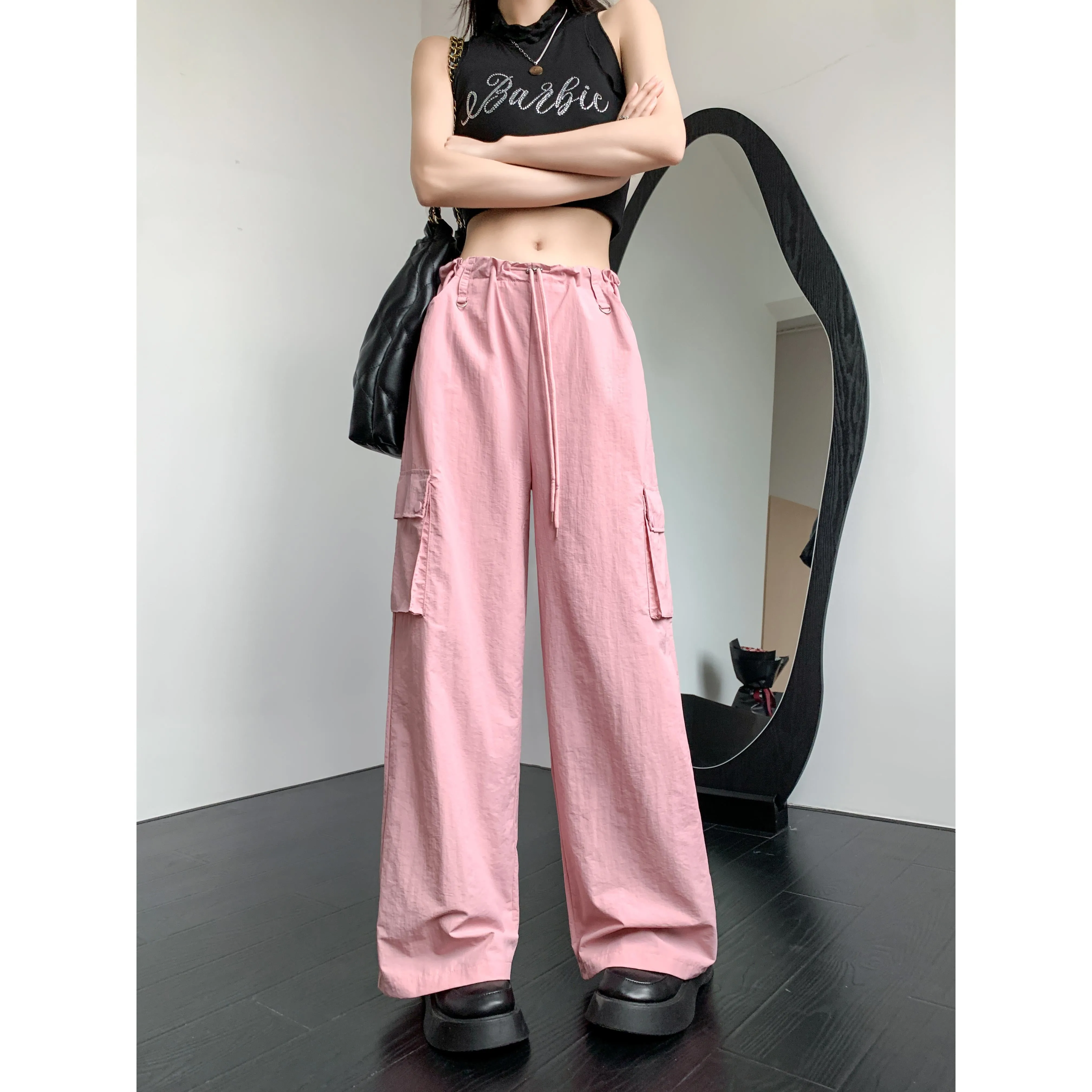 Loose Fit Casual Street Style Sports Drawstring Waist Drawstring Wide-Leg Pants