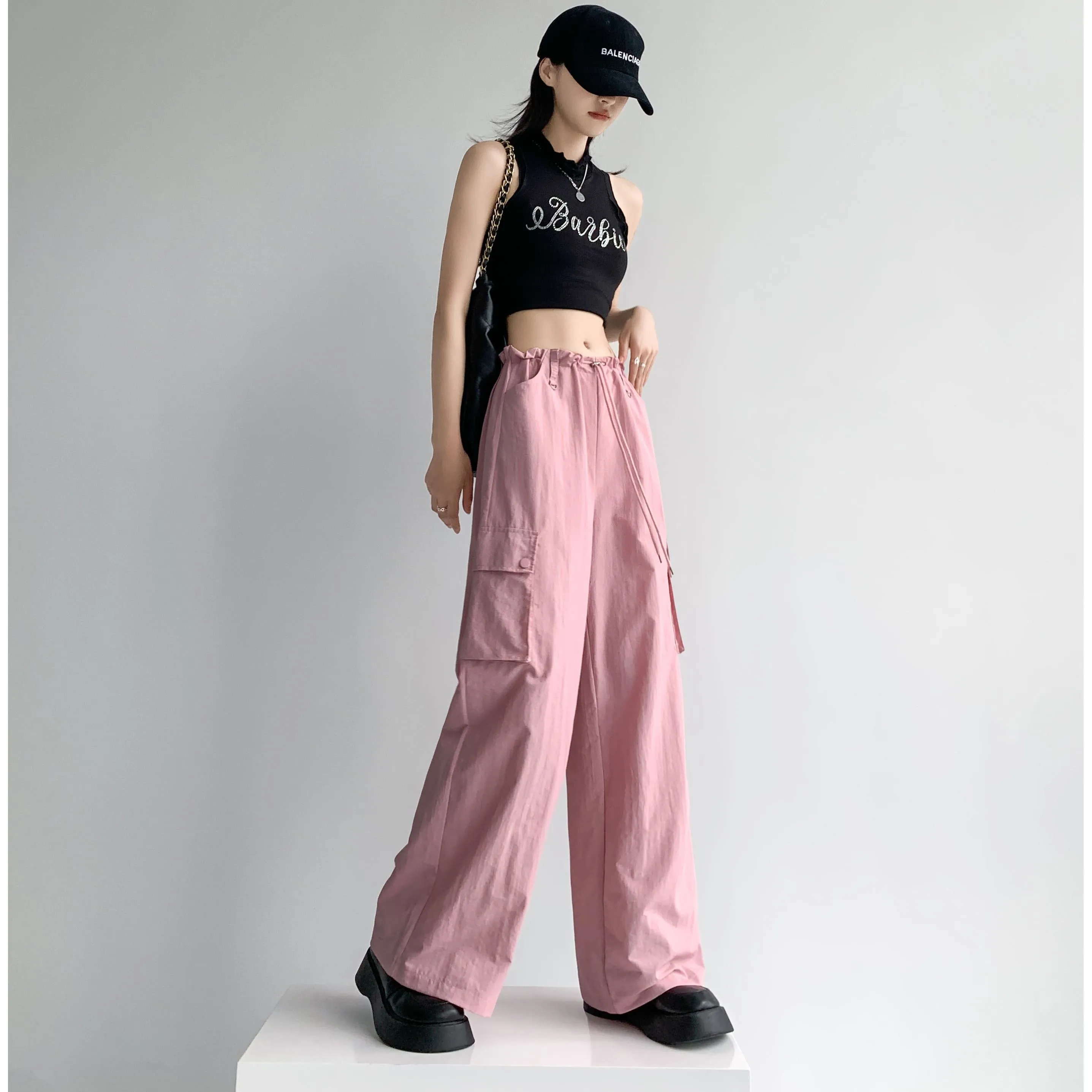 Loose Fit Casual Street Style Sports Drawstring Waist Drawstring Wide-Leg Pants