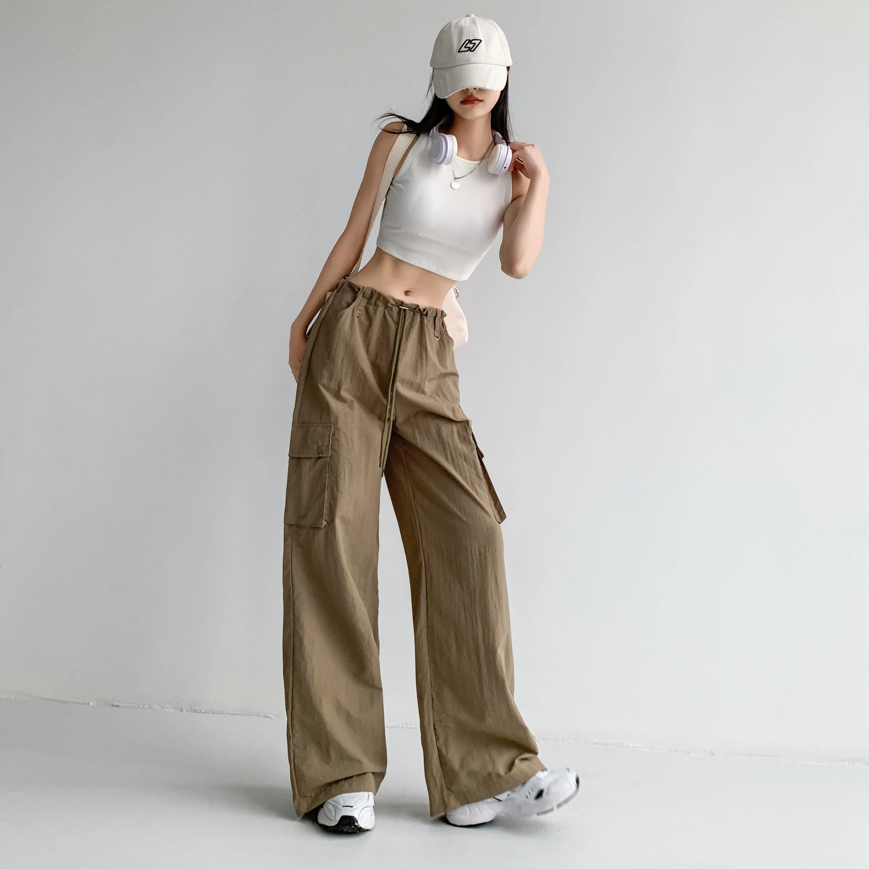 Loose Fit Casual Street Style Sports Drawstring Waist Drawstring Wide-Leg Pants