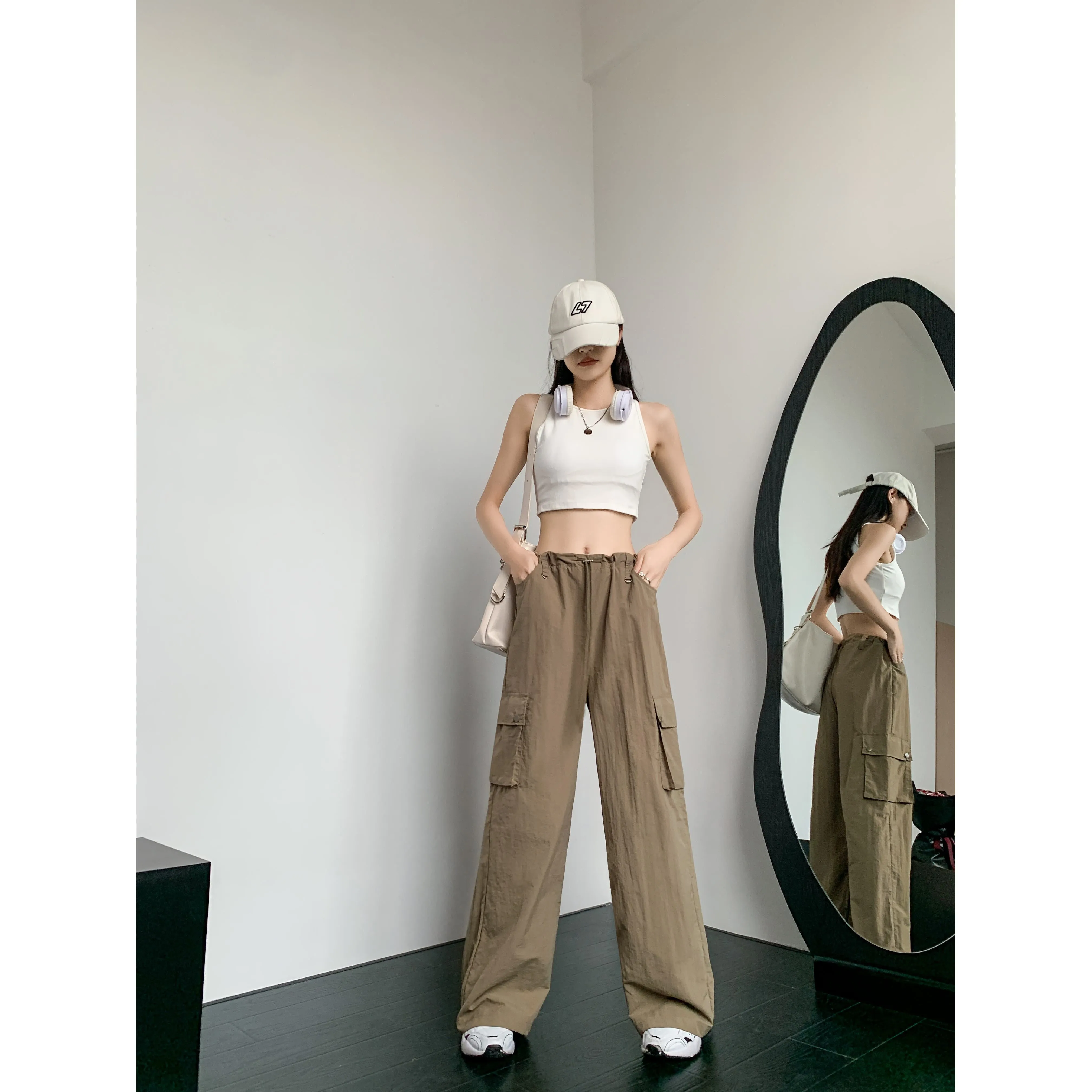 Loose Fit Casual Street Style Sports Drawstring Waist Drawstring Wide-Leg Pants