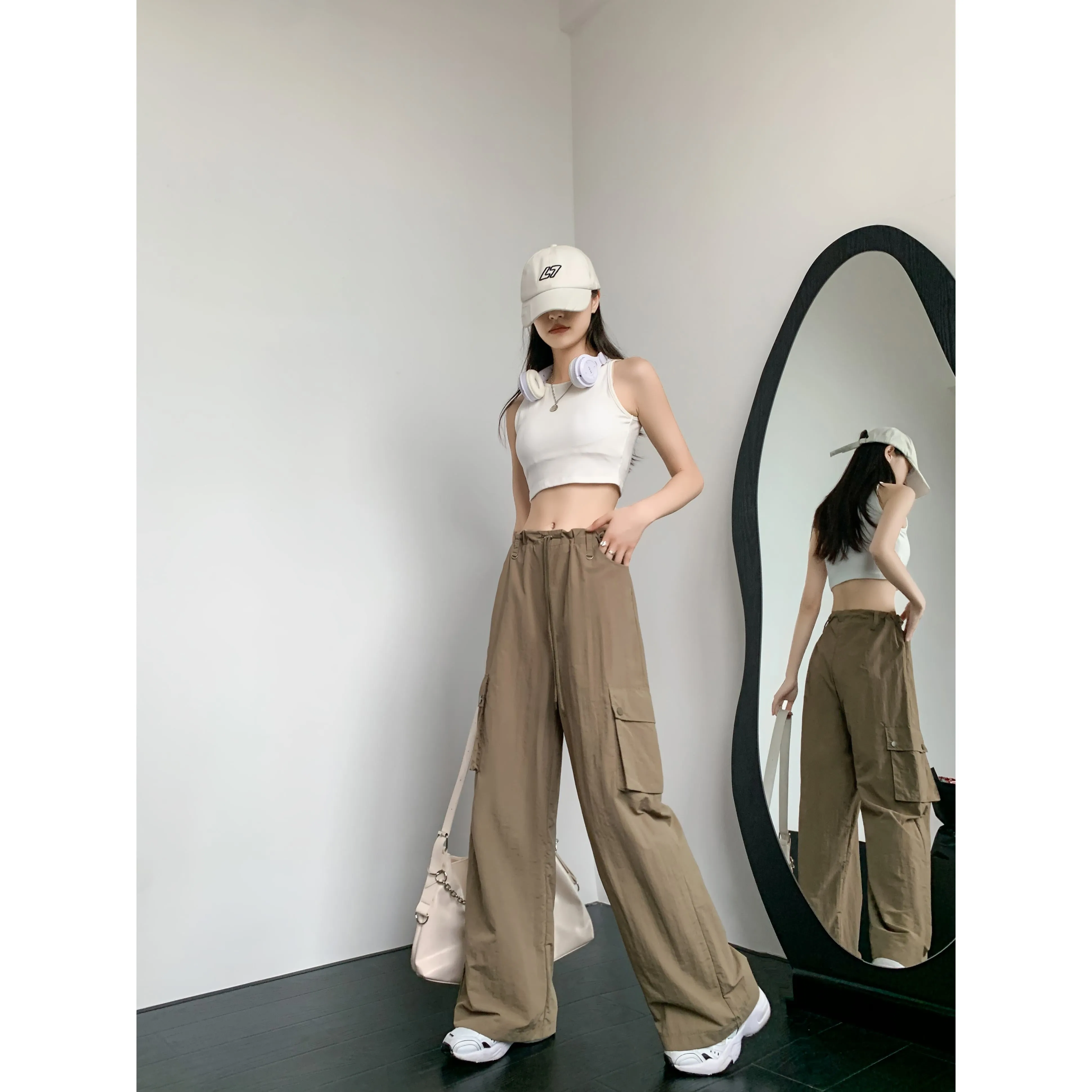 Loose Fit Casual Street Style Sports Drawstring Waist Drawstring Wide-Leg Pants