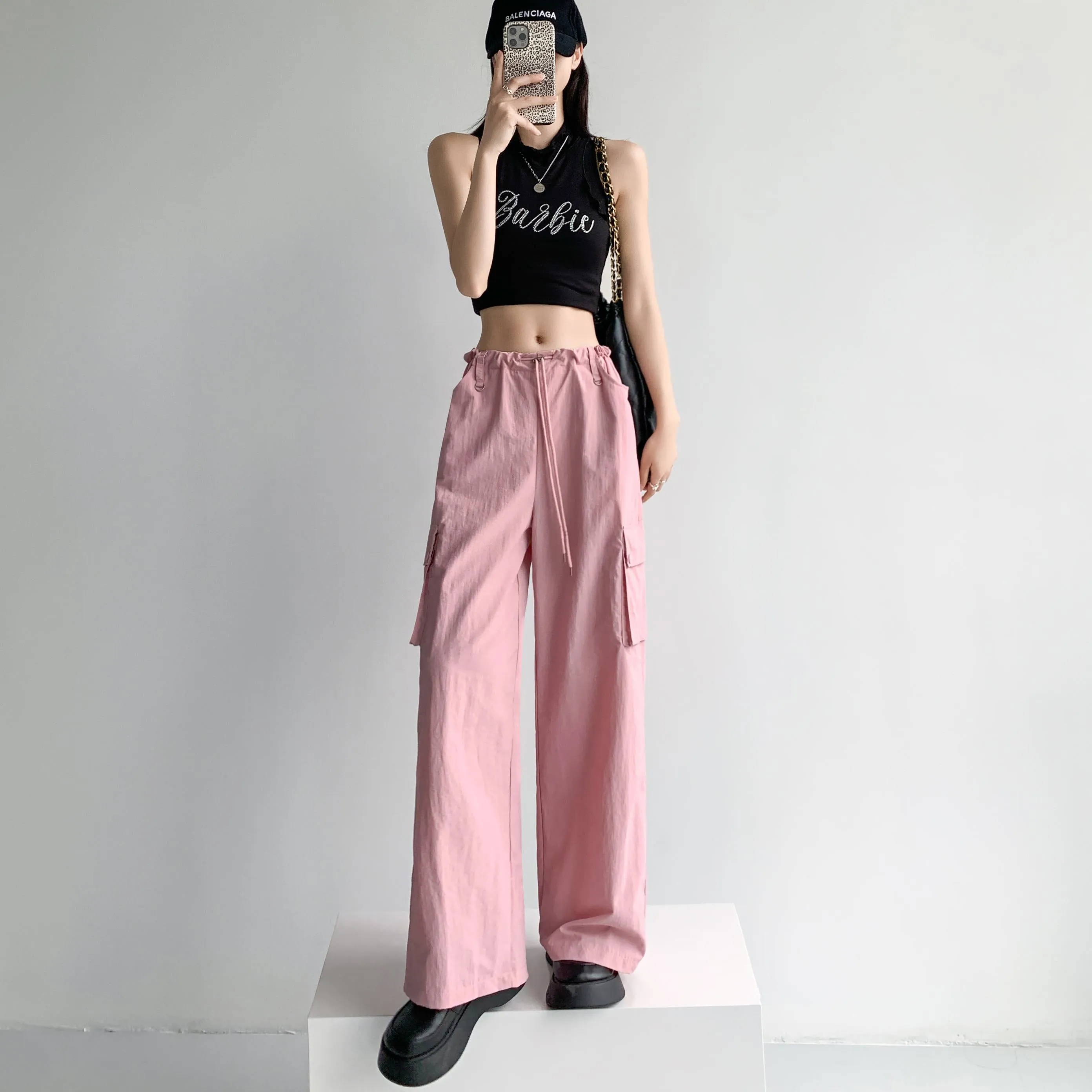 Loose Fit Casual Street Style Sports Drawstring Waist Drawstring Wide-Leg Pants