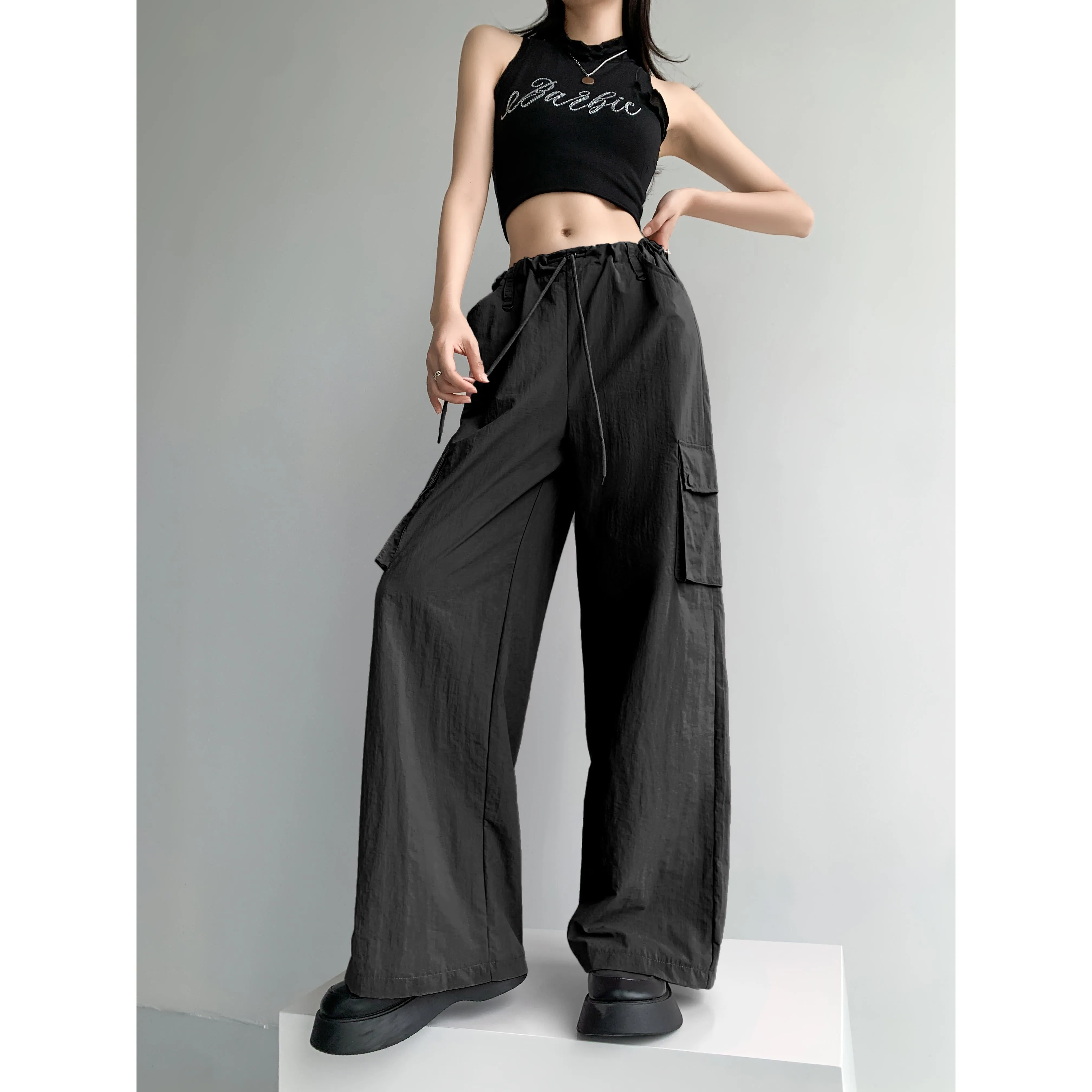 Loose Fit Casual Street Style Sports Drawstring Waist Drawstring Wide-Leg Pants