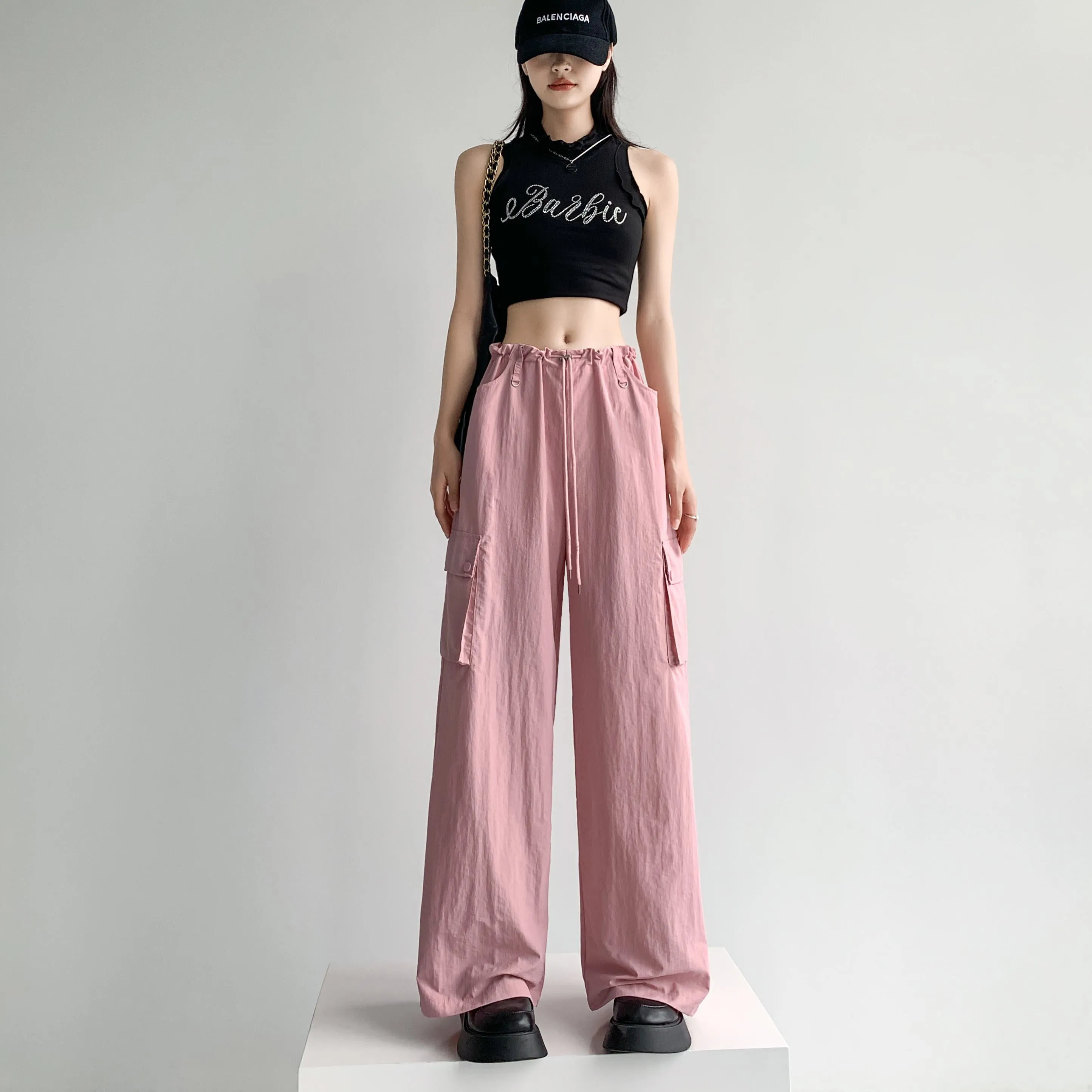 Loose Fit Casual Street Style Sports Drawstring Waist Drawstring Wide-Leg Pants