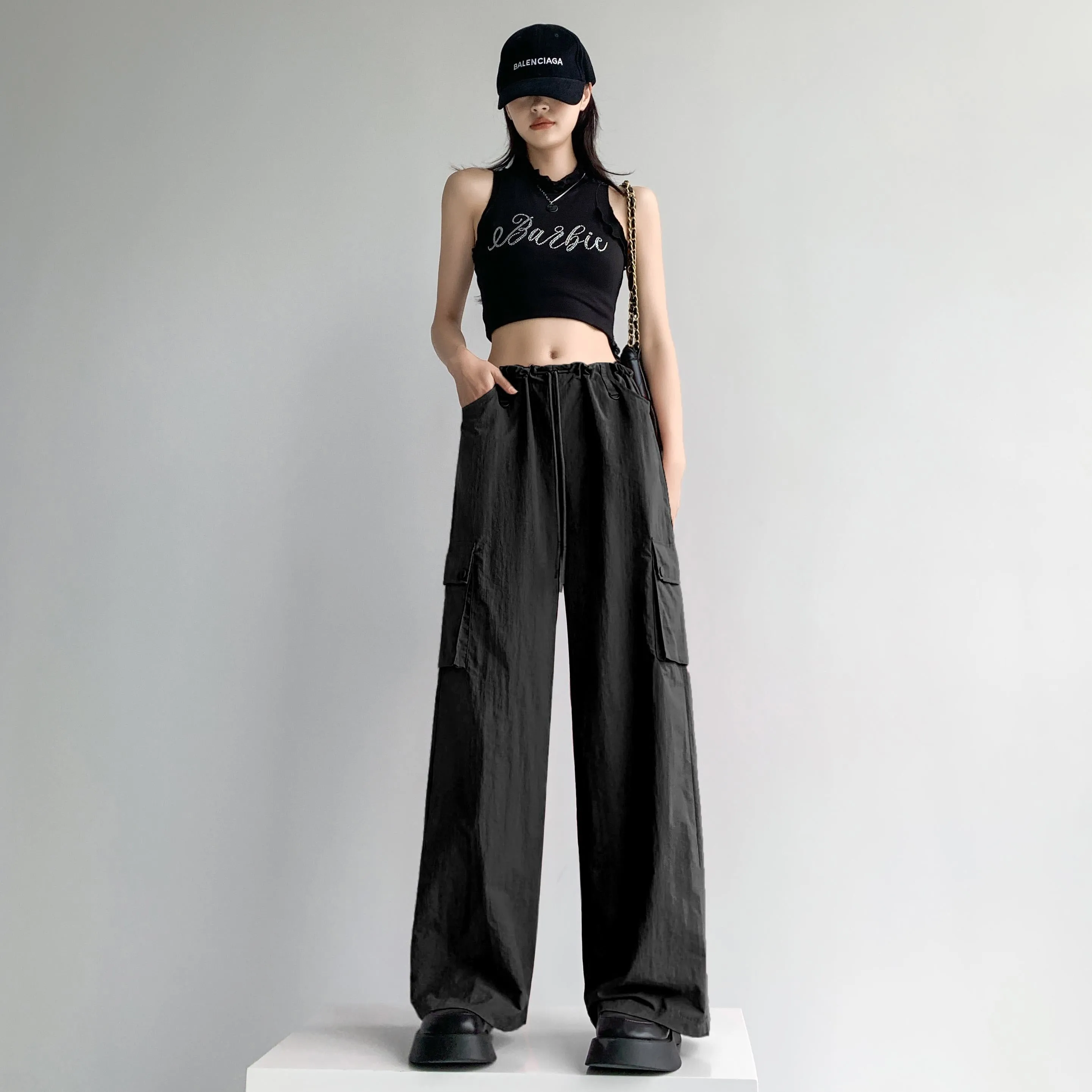 Loose Fit Casual Street Style Sports Drawstring Waist Drawstring Wide-Leg Pants