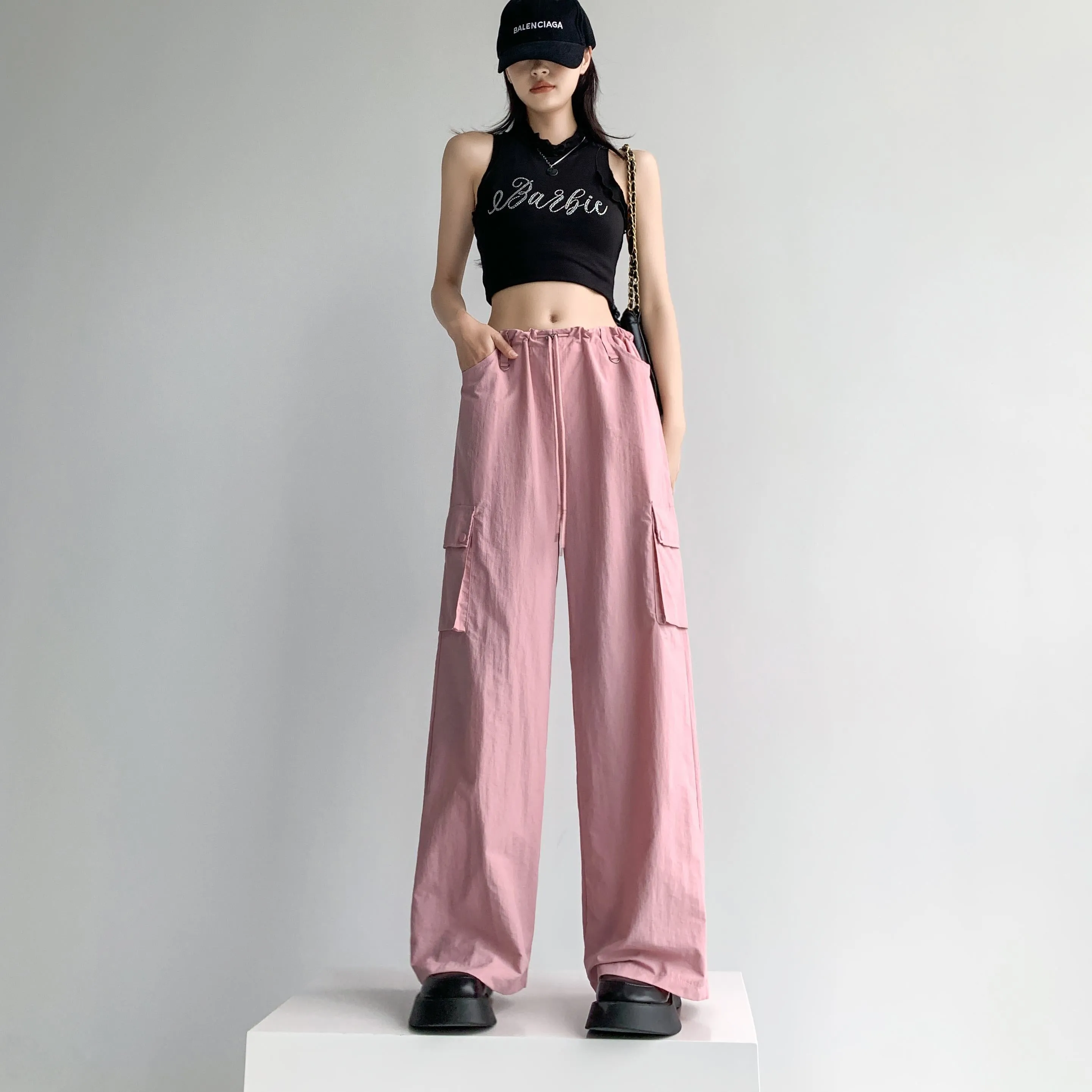 Loose Fit Casual Street Style Sports Drawstring Waist Drawstring Wide-Leg Pants