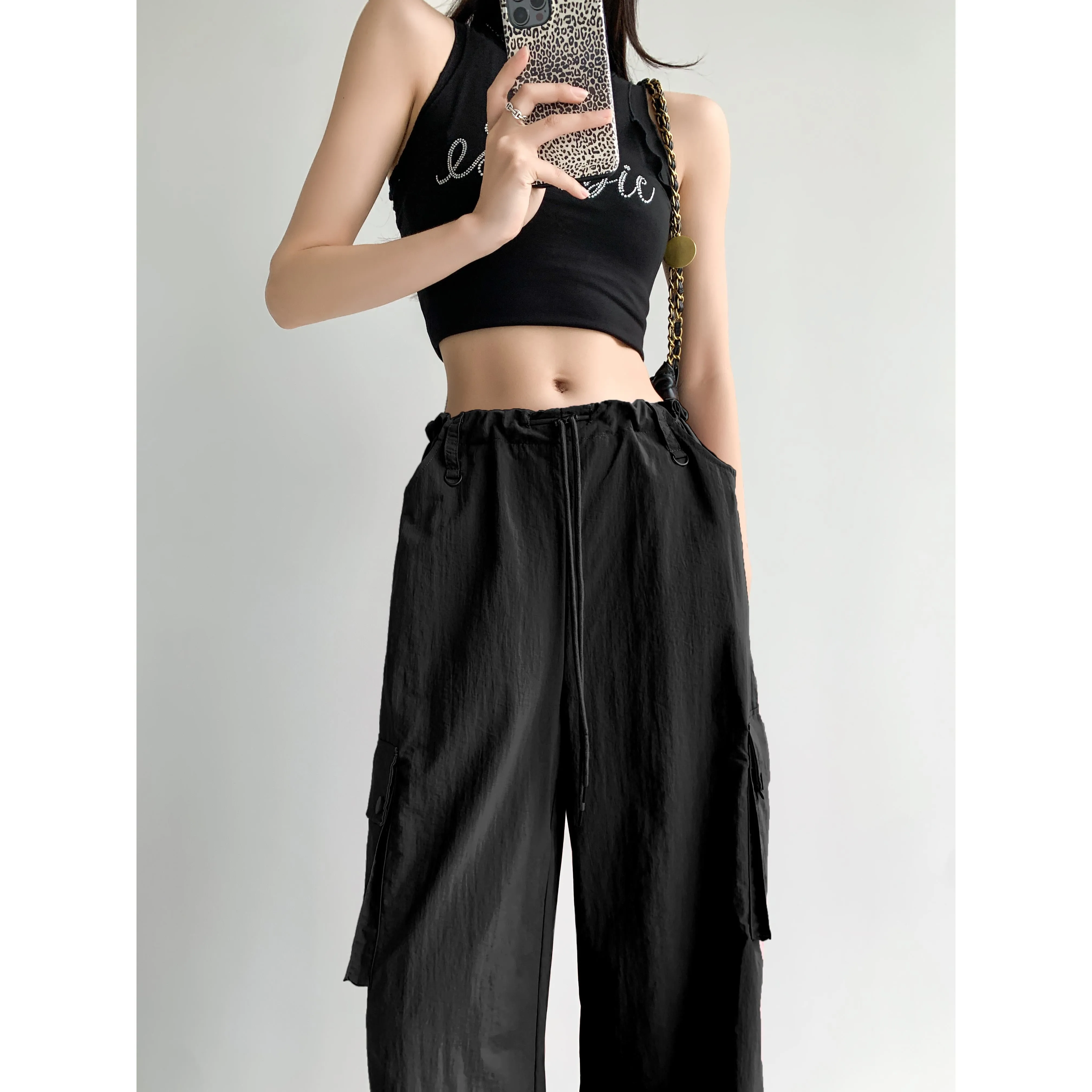 Loose Fit Casual Street Style Sports Drawstring Waist Drawstring Wide-Leg Pants