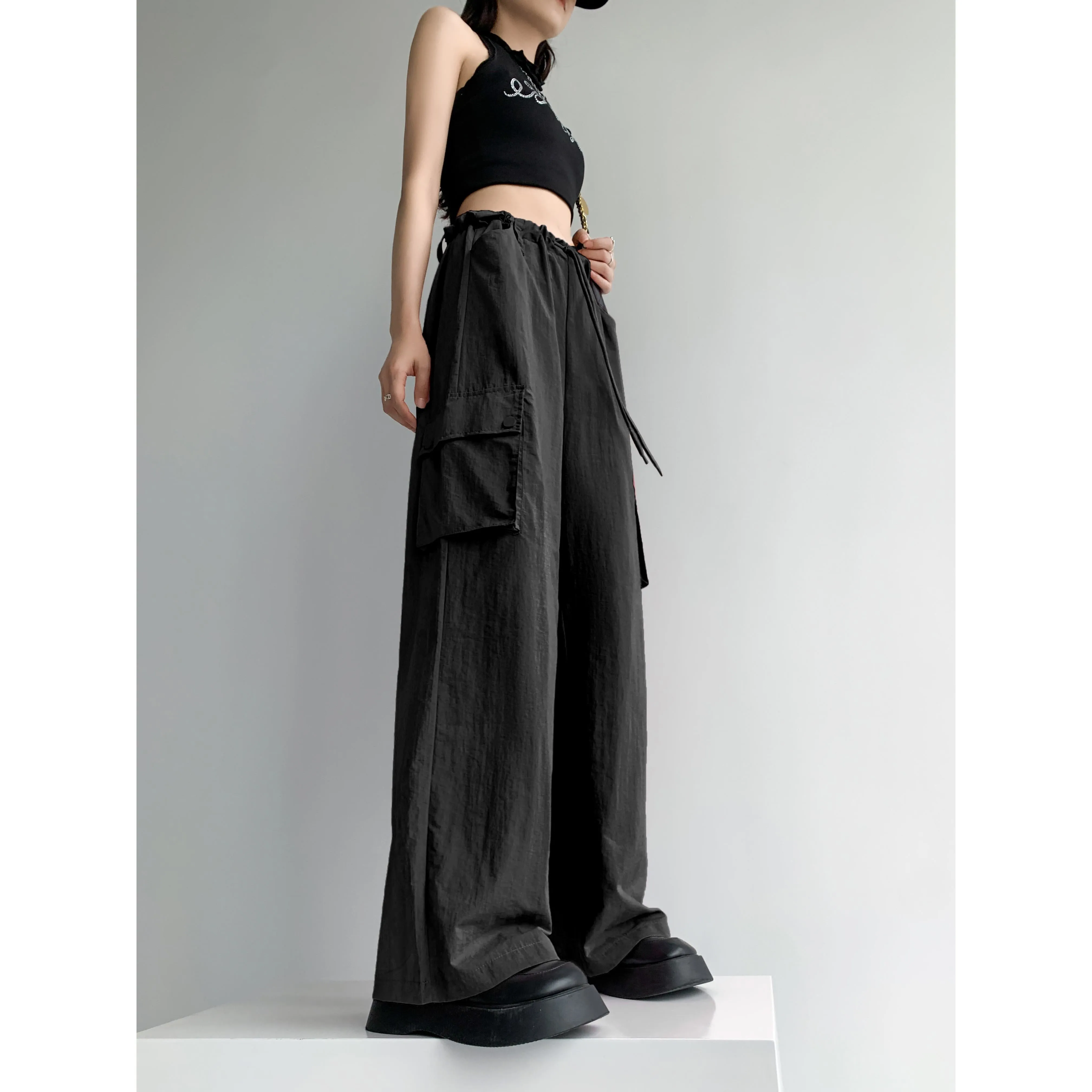 Loose Fit Casual Street Style Sports Drawstring Waist Drawstring Wide-Leg Pants