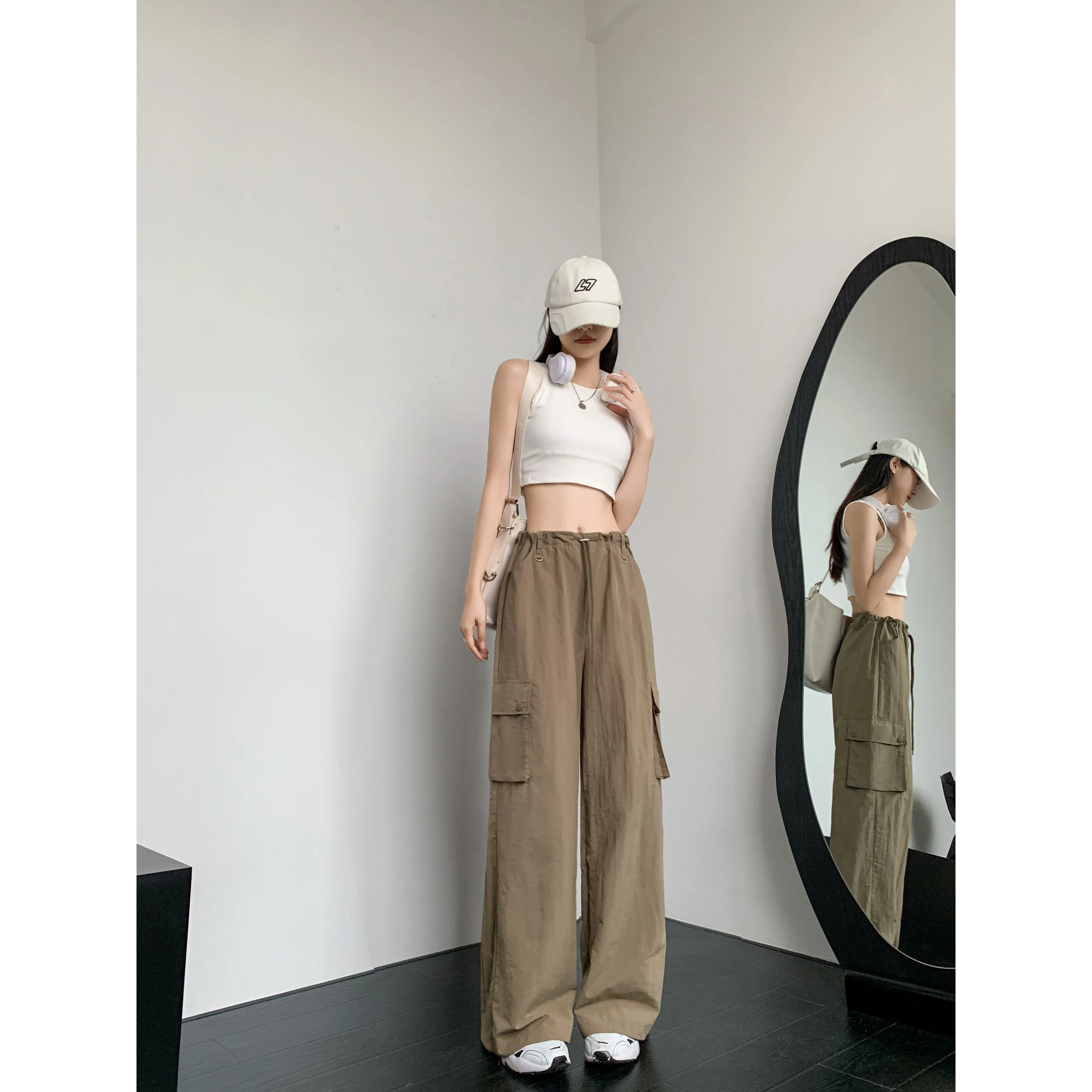 Loose Fit Casual Street Style Sports Drawstring Waist Drawstring Wide-Leg Pants