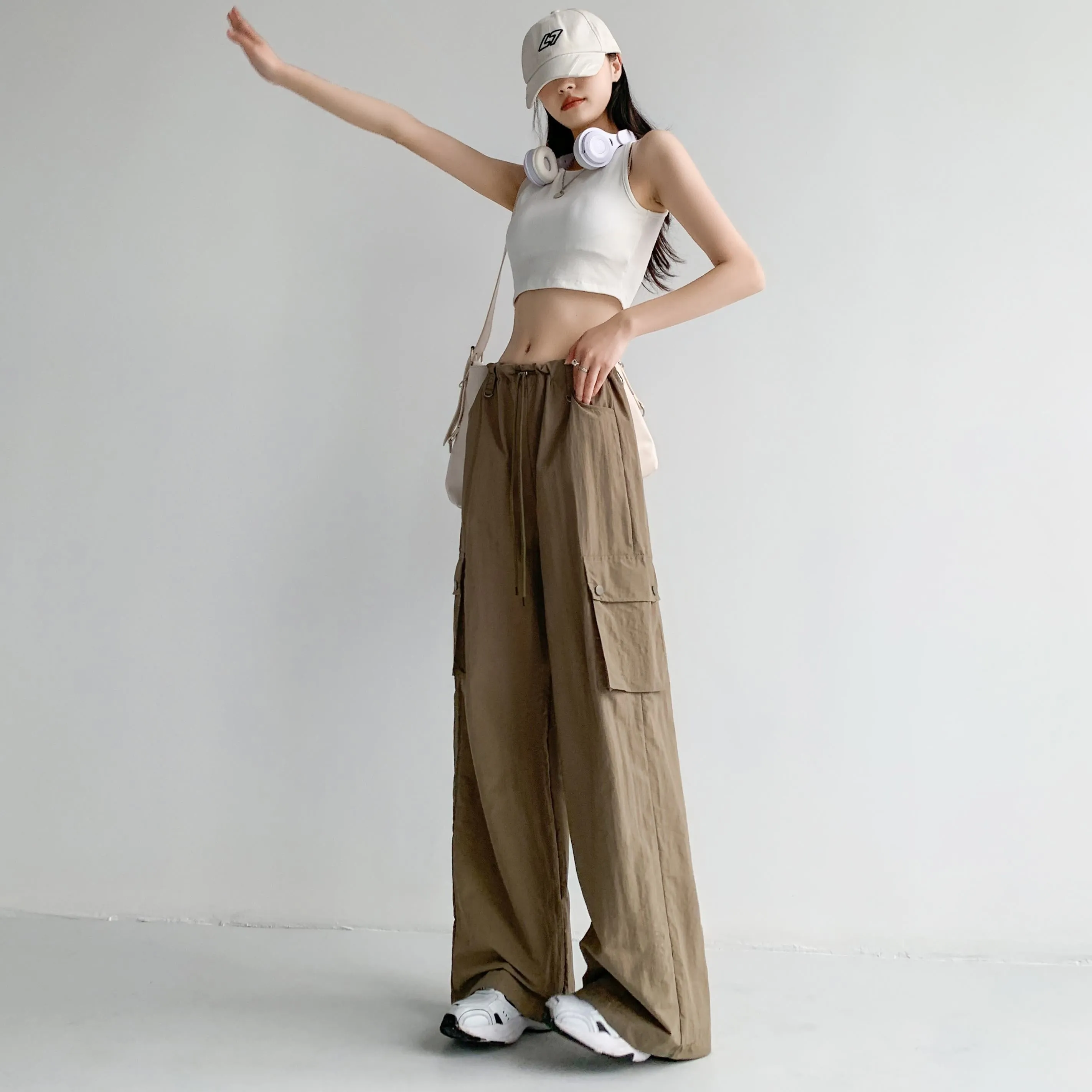 Loose Fit Casual Street Style Sports Drawstring Waist Drawstring Wide-Leg Pants