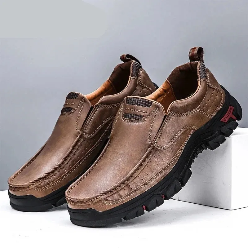 Men Casual Shoes Cowhide Genuine Leather Shoes Men Handmade Brand Footwear Non-slip Thick Sole Fashion Soft Sewing Shoes