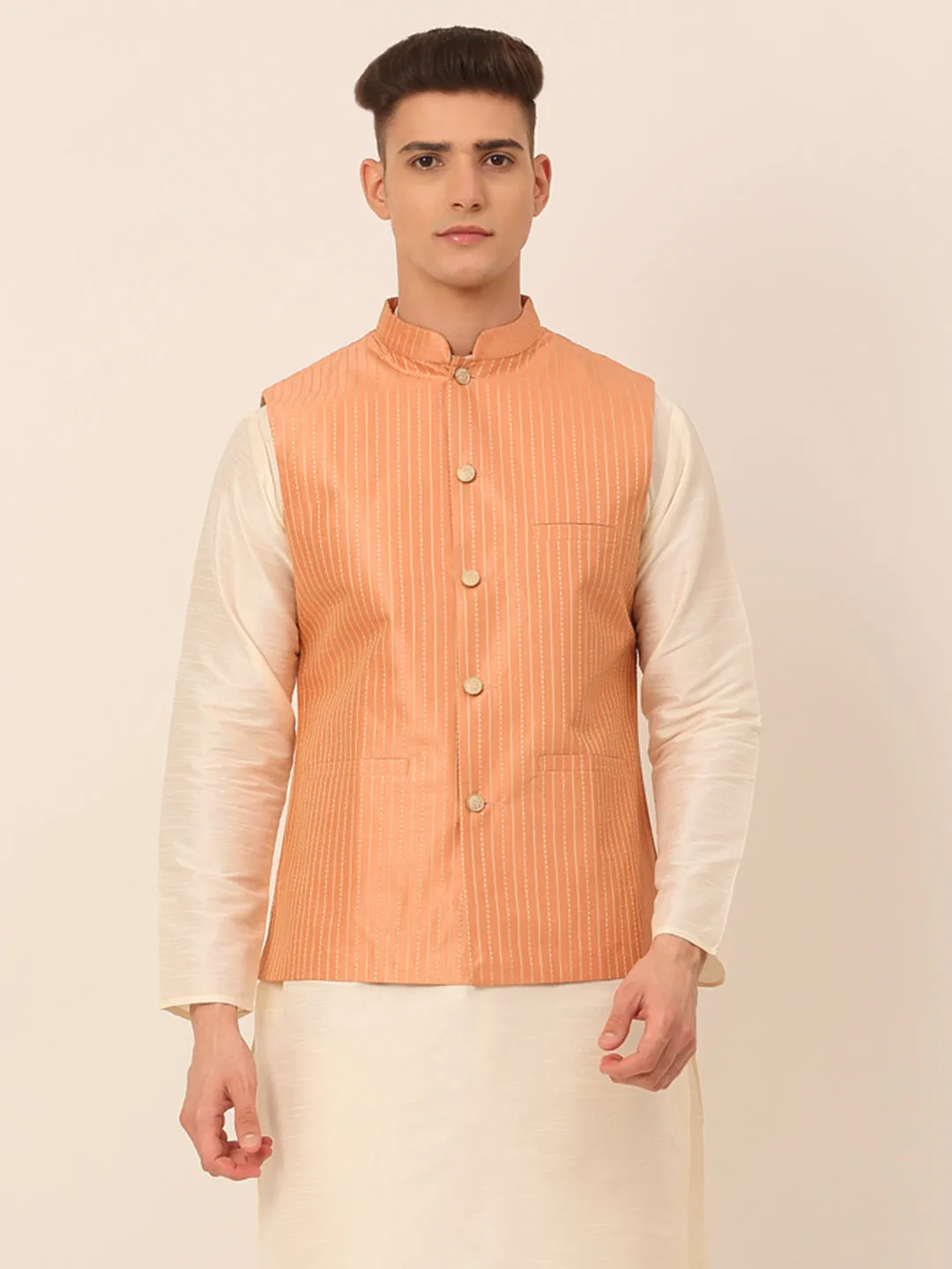 Men Peach & Golden Embroidered Nehru Jackets