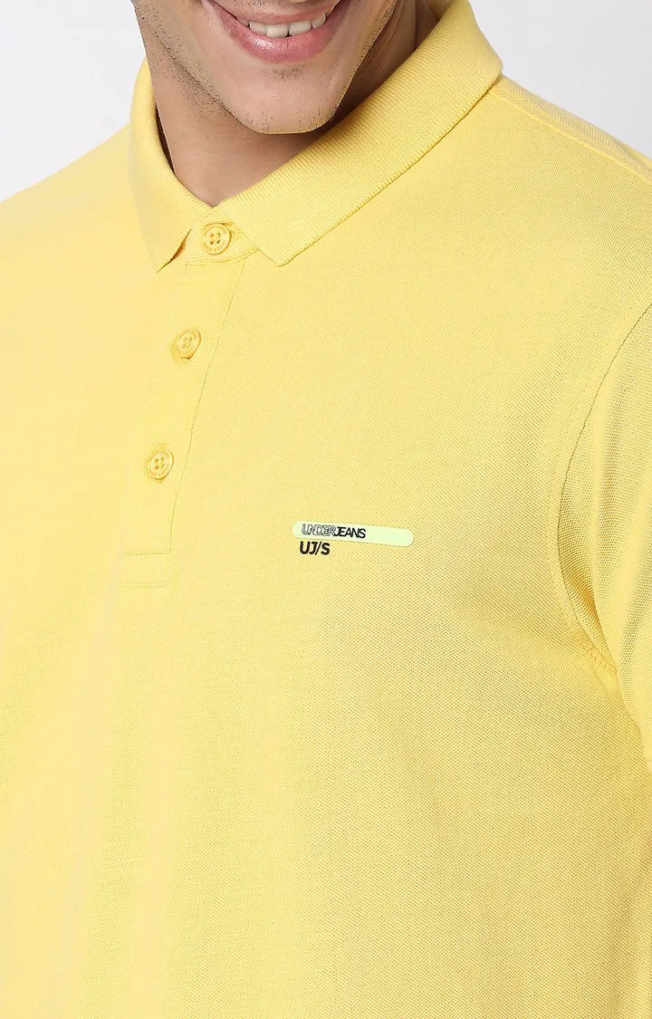 Men Premium Butter Yellow Cotton Regular Fit Polo T-Shirt - Underjeans By Spykar