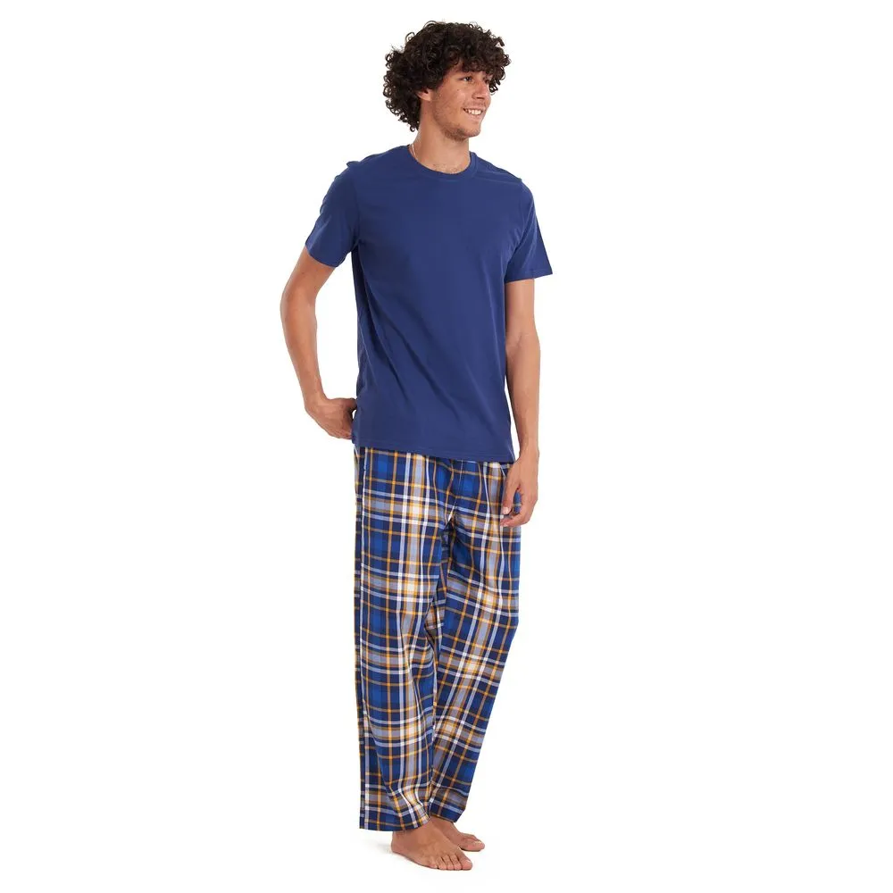 Men summer pajama set Dark blue T-shirt   Yellow checkered pants