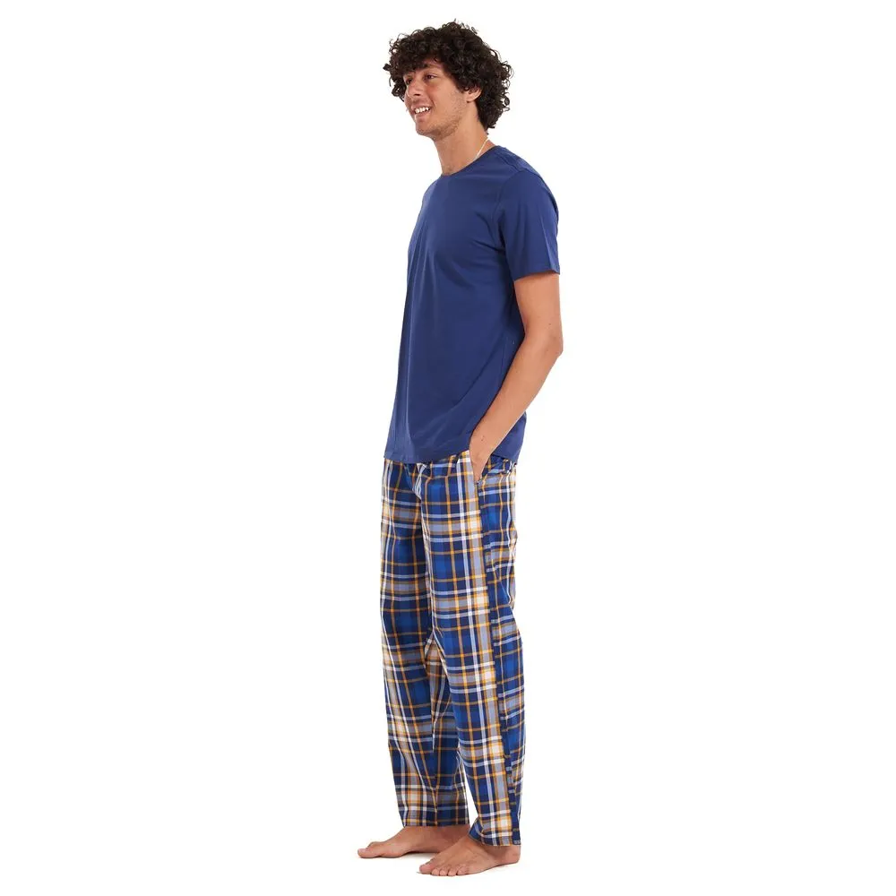 Men summer pajama set Dark blue T-shirt   Yellow checkered pants