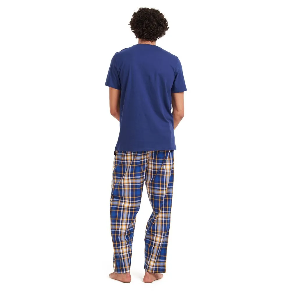 Men summer pajama set Dark blue T-shirt   Yellow checkered pants