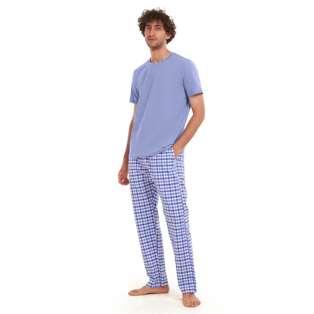 Men summer pajama set  Light BlueT-shirt   light blue x White Checkered Pants