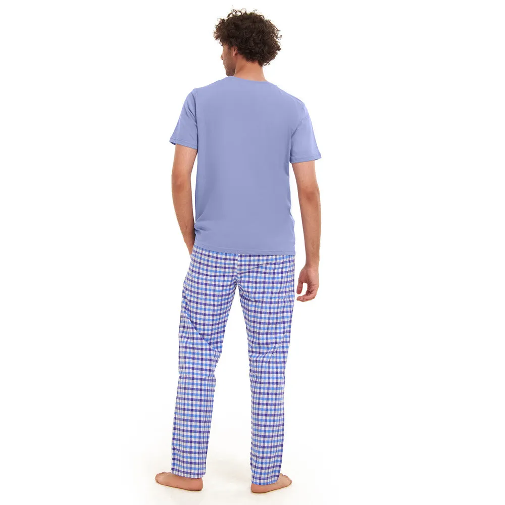 Men summer pajama set  Light BlueT-shirt   light blue x White Checkered Pants