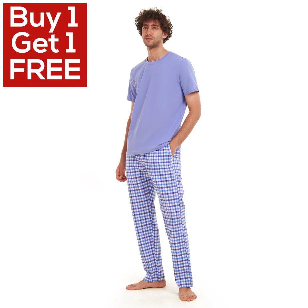 Men summer pajama set  Light BlueT-shirt   light blue x White Checkered Pants