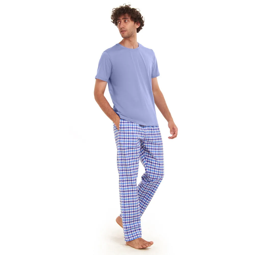 Men summer pajama set  Light BlueT-shirt   light blue x White Checkered Pants