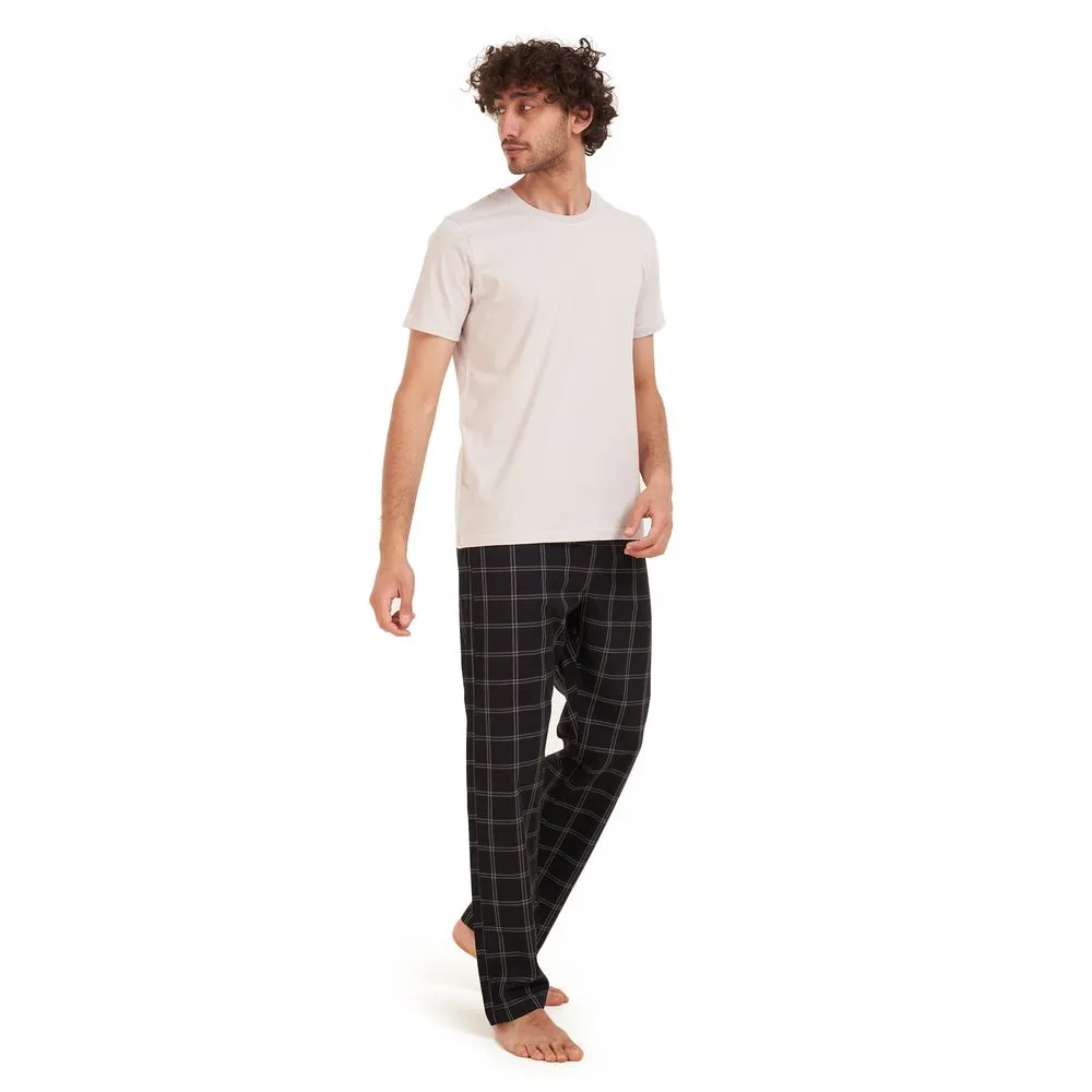 Men summer pajama set Light grey t-shirt  Black x grey checkered Pants