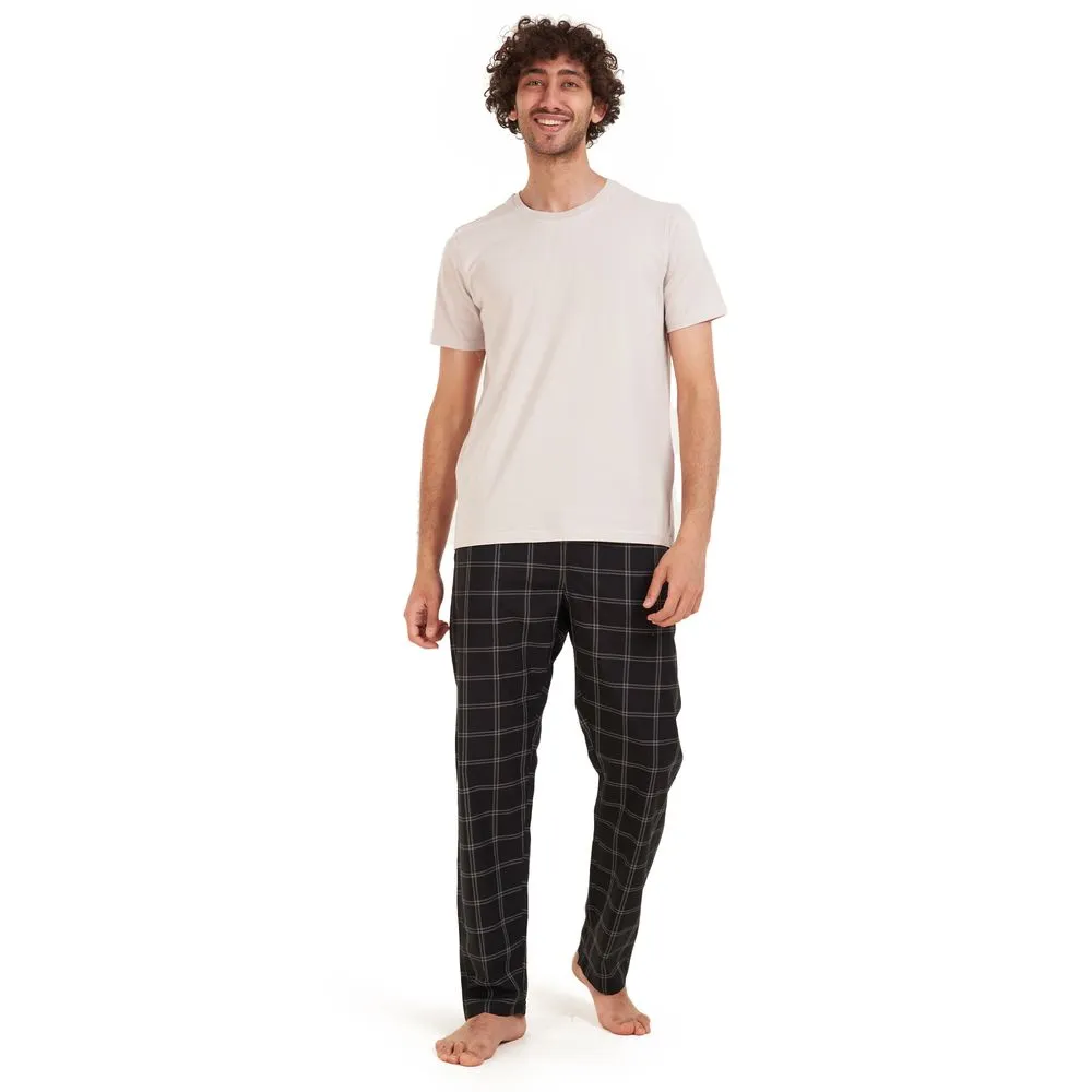 Men summer pajama set Light grey t-shirt  Black x grey checkered Pants