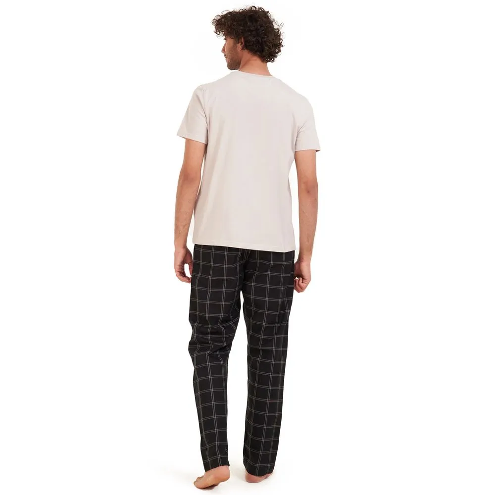 Men summer pajama set Light grey t-shirt  Black x grey checkered Pants