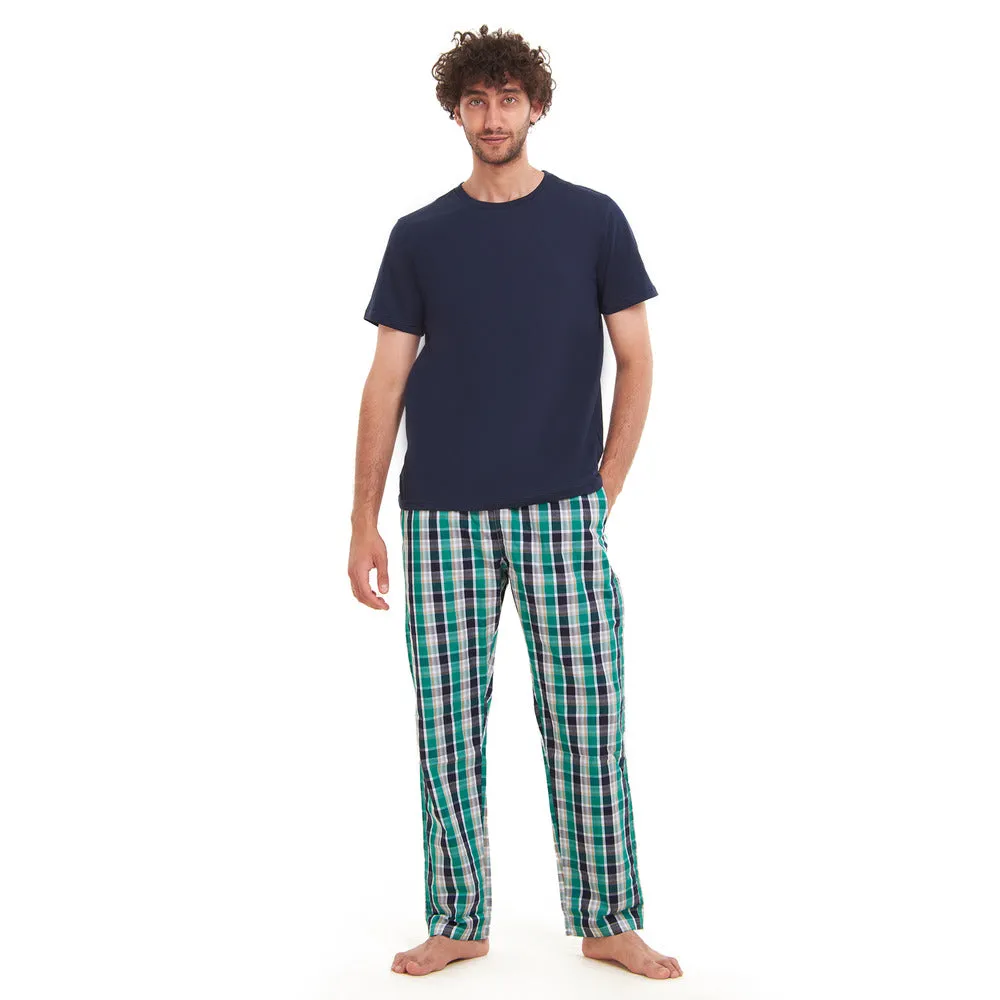 Men summer pajama set  Navy T-shirt   Green X Navy checkered Pants