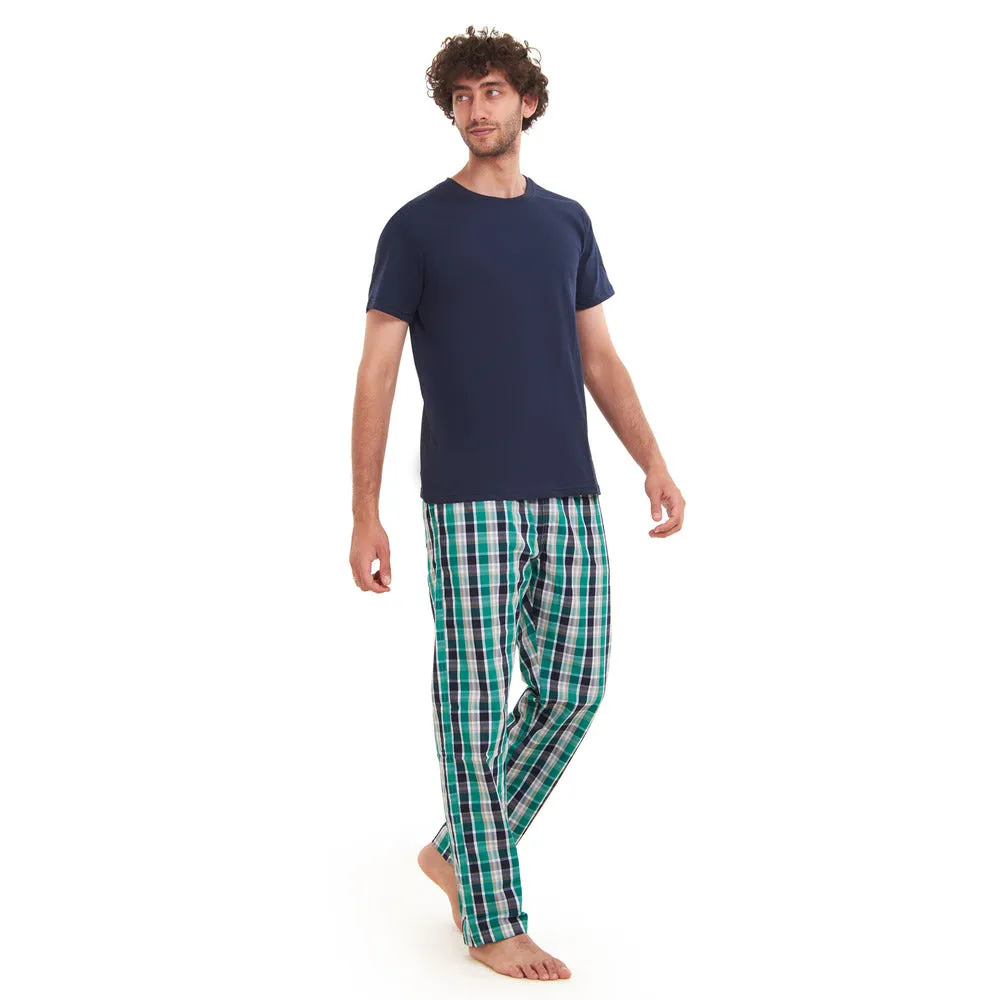 Men summer pajama set  Navy T-shirt   Green X Navy checkered Pants