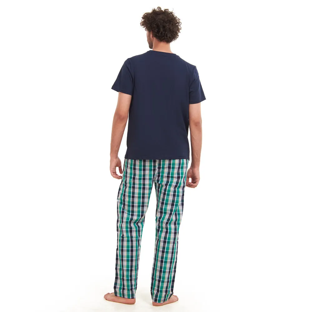 Men summer pajama set  Navy T-shirt   Green X Navy checkered Pants