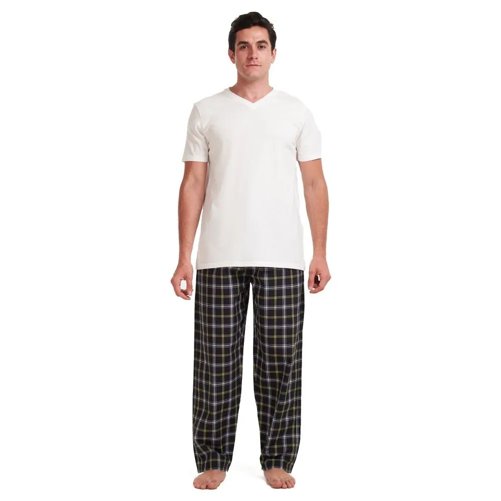 Men summer pajama set Off white T-shirt   Black x yellow checkered pants