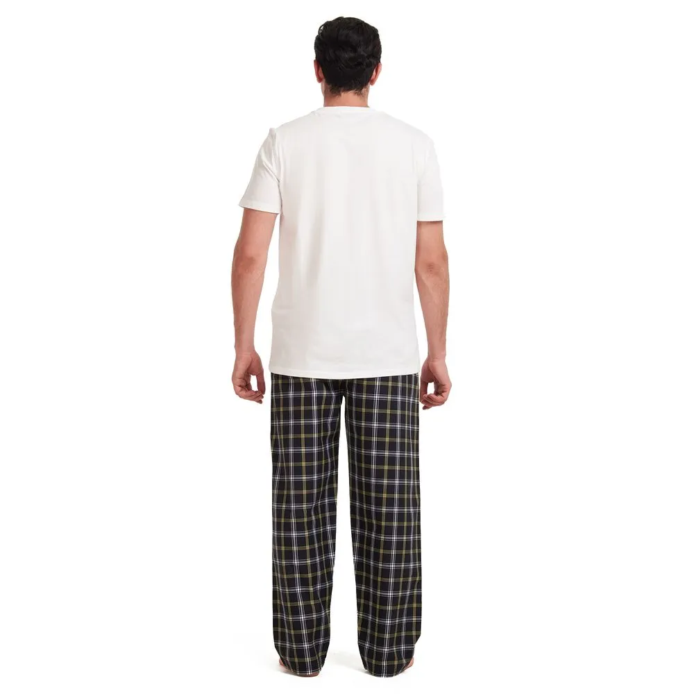 Men summer pajama set Off white T-shirt   Black x yellow checkered pants