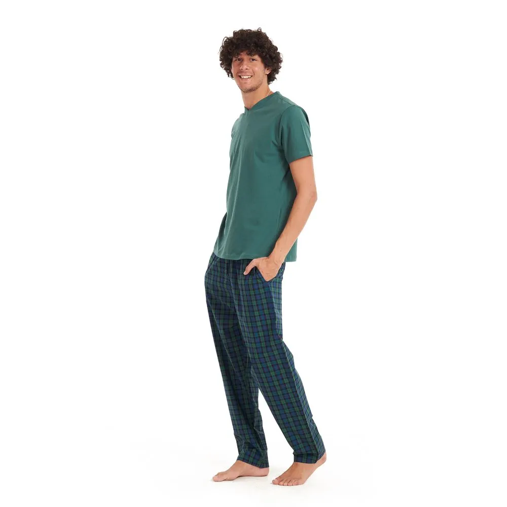 Men summer pajama set Olive T-shirt   Dark blue x olive checkered pants