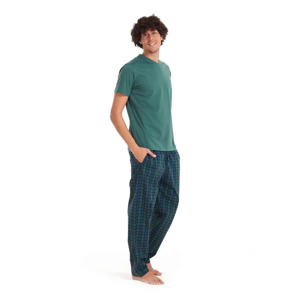 Men summer pajama set Olive T-shirt   Dark blue x olive checkered pants