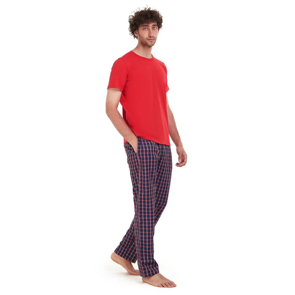 Men summer pajama set Red T-shirt   Dark Blue x Red checkered pants