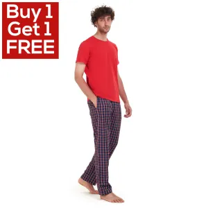 Men summer pajama set Red T-shirt   Dark Blue x Red checkered pants