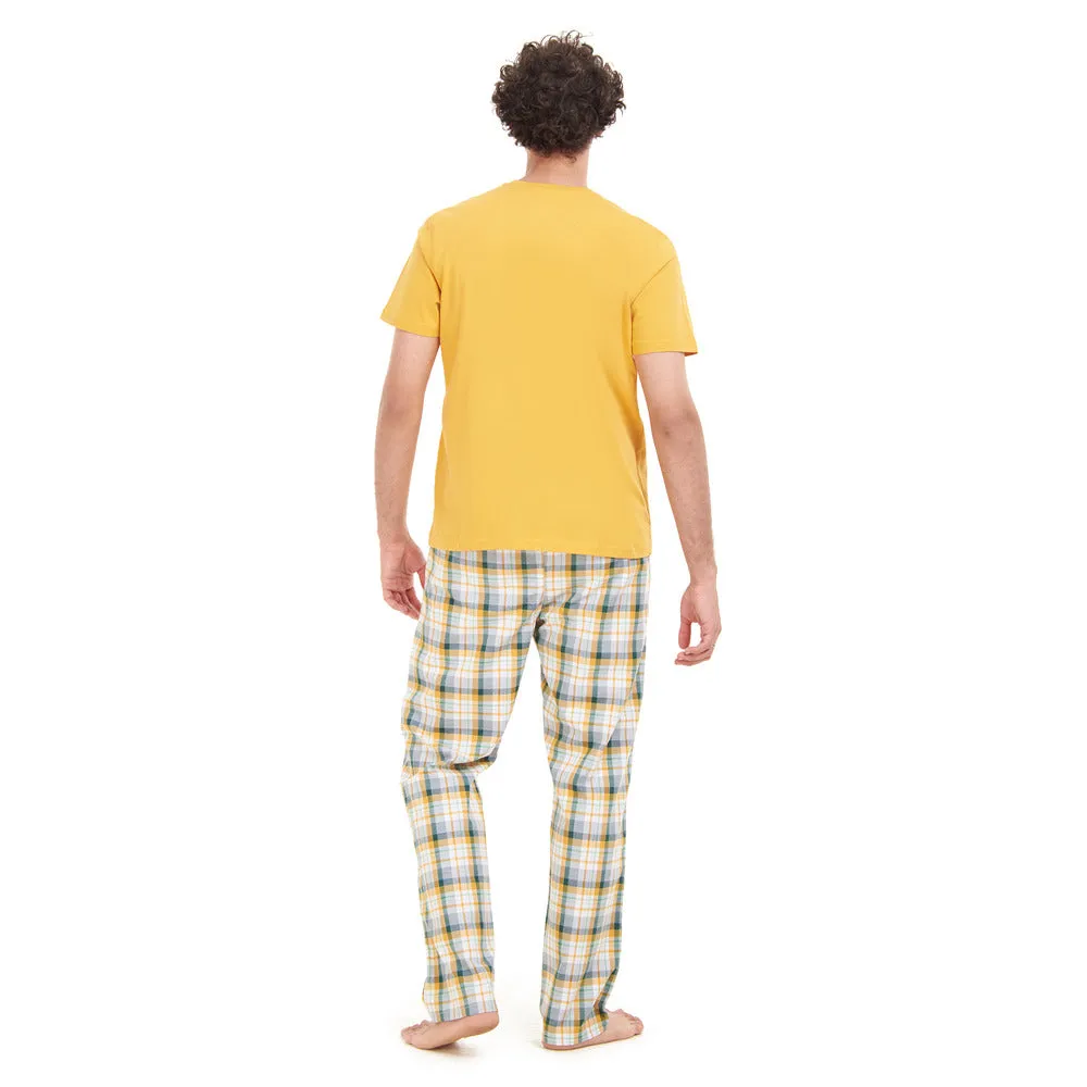 Men summer pajama set Yellow T-shirt   White x Green Checkered pants