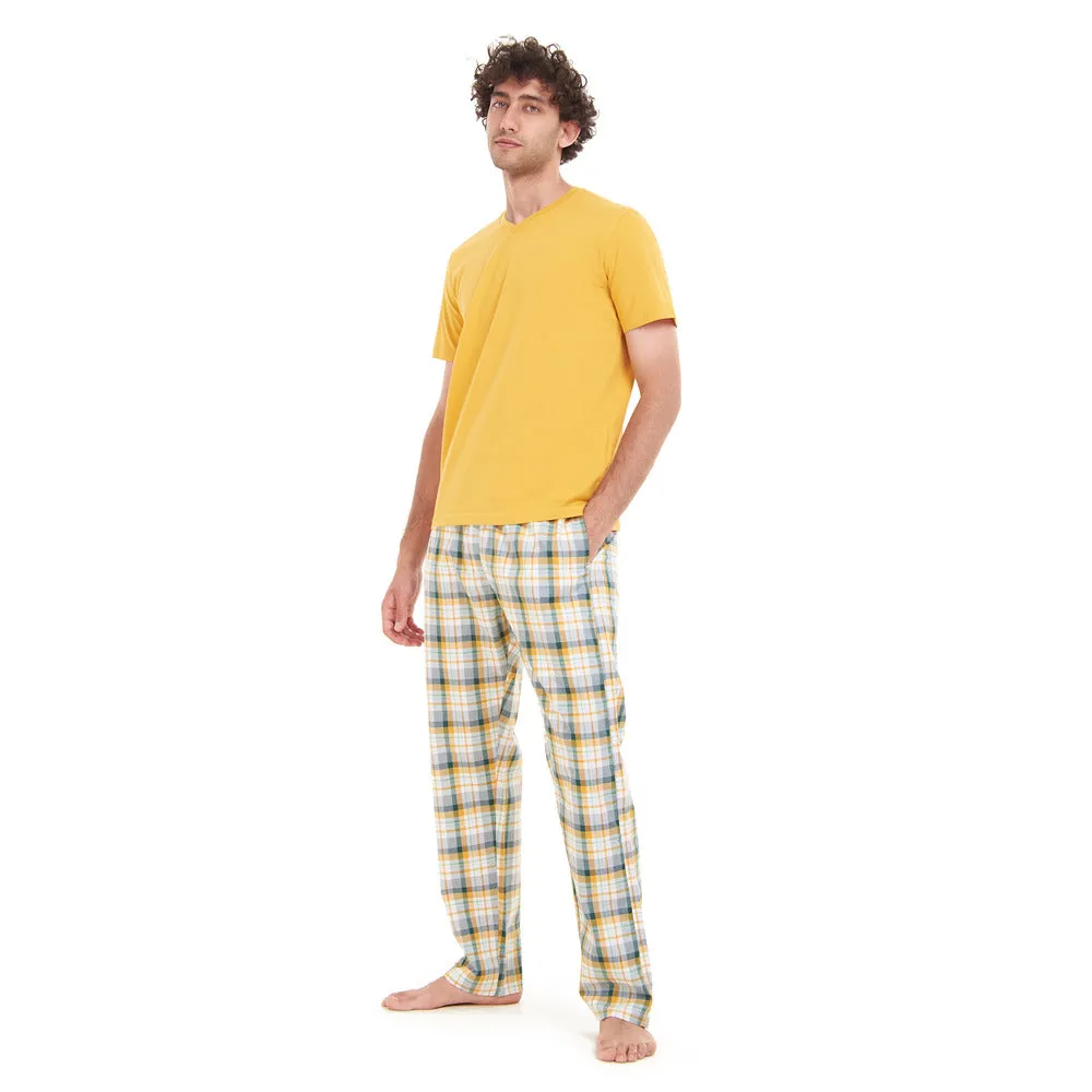 Men summer pajama set Yellow T-shirt   White x Green Checkered pants