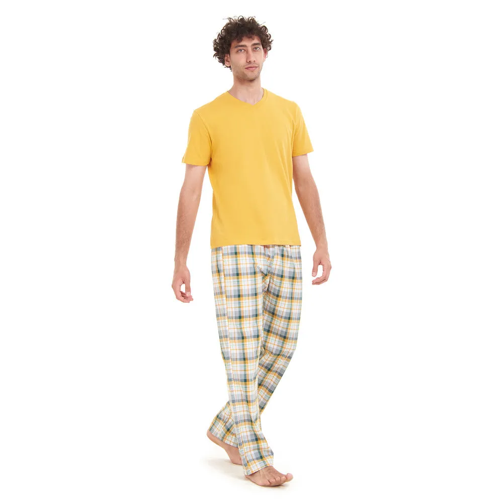 Men summer pajama set Yellow T-shirt   White x Green Checkered pants