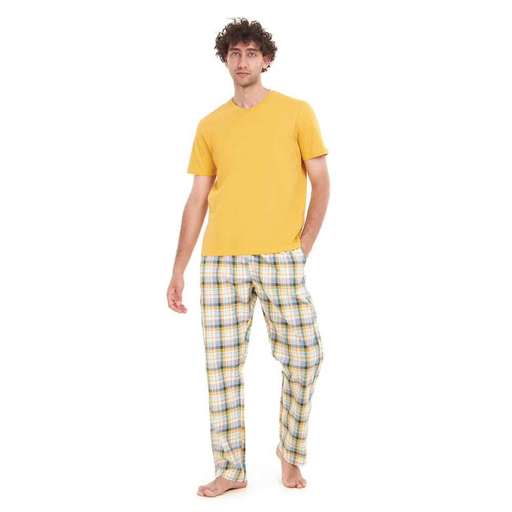 Men summer pajama set Yellow T-shirt   White x Green Checkered pants