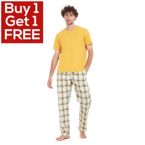 Men summer pajama set Yellow T-shirt   White x Green Checkered pants