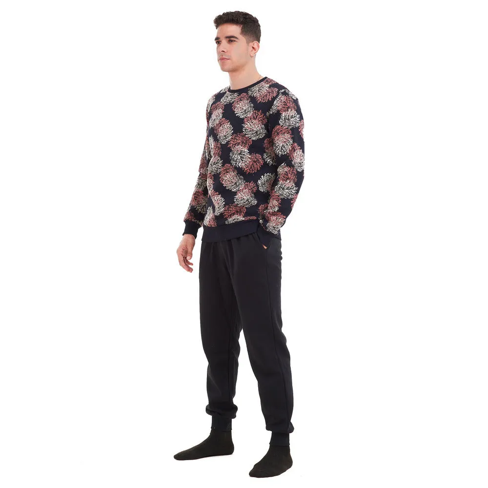 Men Winter Pajama Set Black with cashmere leaves  Shirt   Black Pants